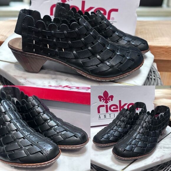 RIEKER Sina Leather Woven Slingback Black Womens Size 5 EU 36 - Picture 1 of 15